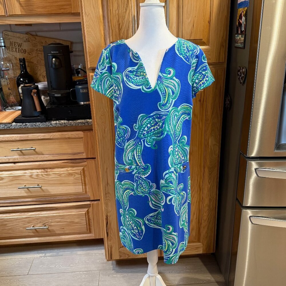 Lilly Pulitzer Layton Shift Dress XL Blue Crush “She Got Sole” EUC